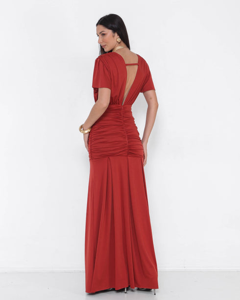 VESTIDO SEREIA COM MANGA PETRA FINA TERRACOTA P